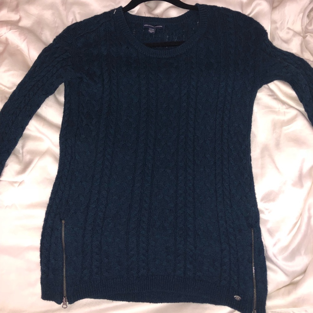 American Eagle Side Zip Crew Neck Sweater in Navy